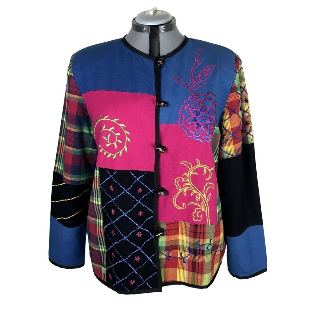 Alex Kim Women's Blazer, Vintage 80's, size L, Floral Embroidery, Patchwork